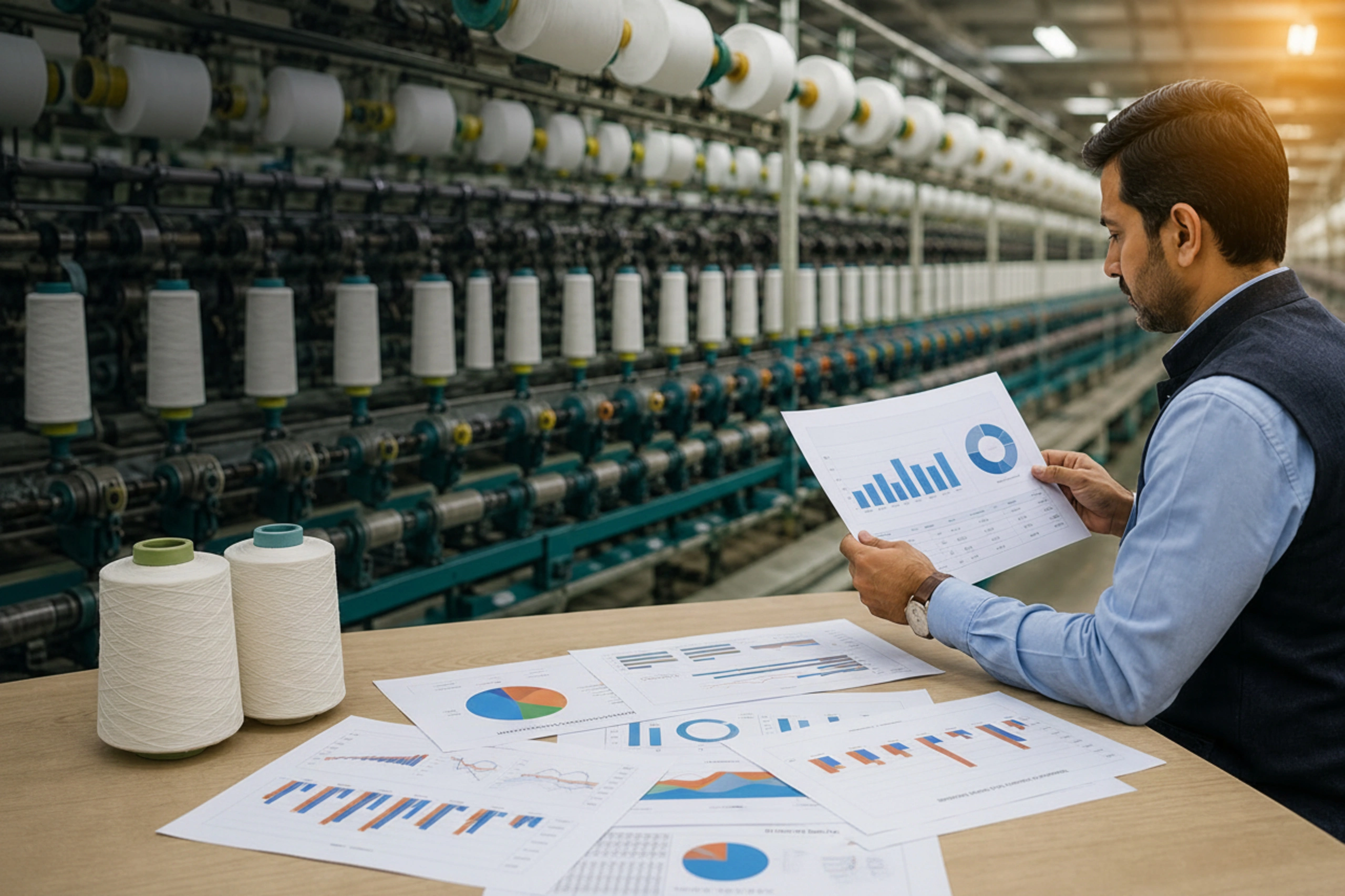 Textile business owner reviewing financial reports to identify working capital issues.