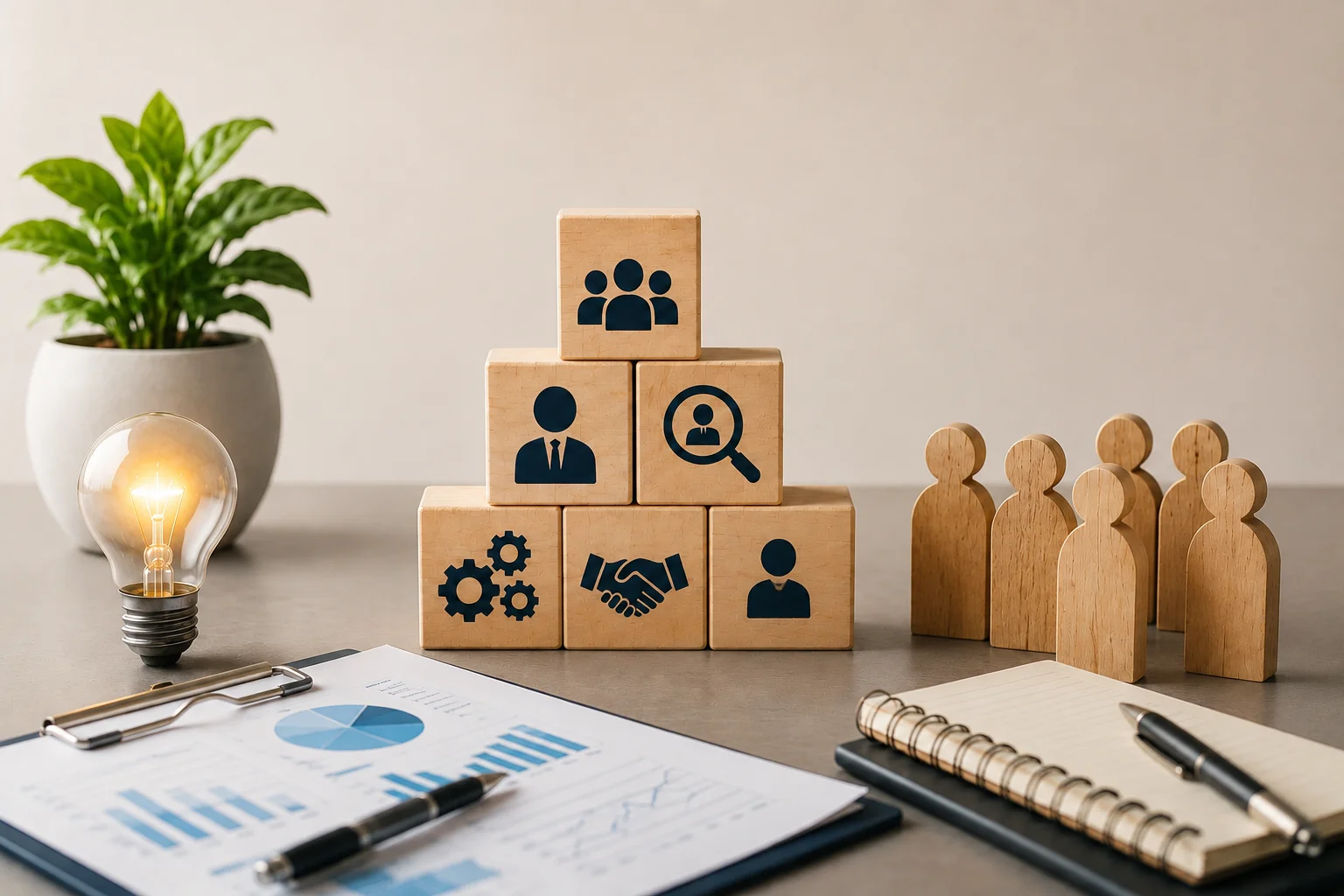 Wooden figures and HR icon blocks symbolizing employee retention, team accountability, and HR management for small business growth