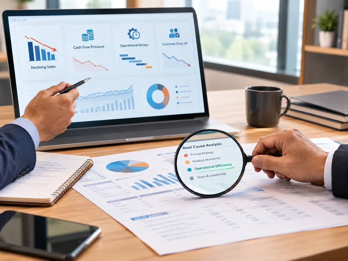 Magnifying glass on a root cause analysis list beside business growth challenges