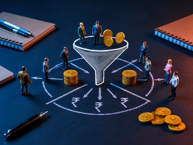 Funnel diagram showing revenue leakage draining coins from Indian SME profit margins