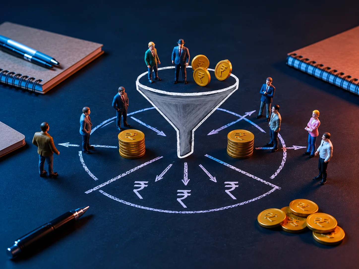 Funnel diagram showing revenue leakage draining coins from Indian SME profit margins