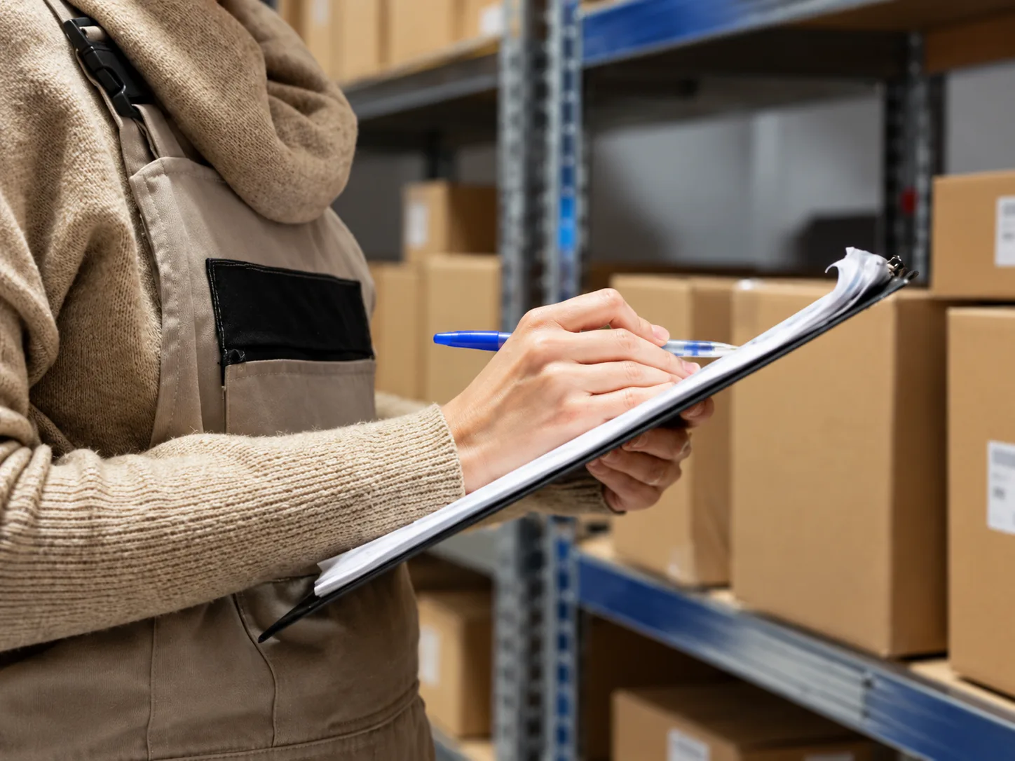 Warehouse employee checking stock for quality control management